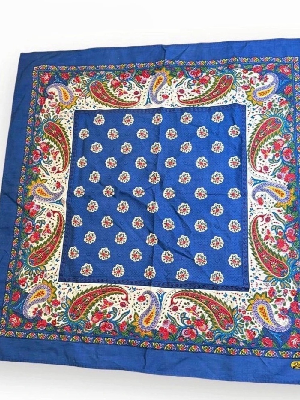 Vintage French Country Paisley Square Scarf in Blue